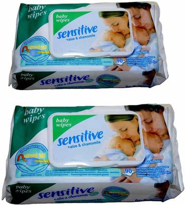 sensitive Baby Cotton Wipes with Flip Top Soft Cleansing Anti Bacterial Travel Pack Parabeen Free + Aloe and Chamomile with 90 Wipes in 1 Pack