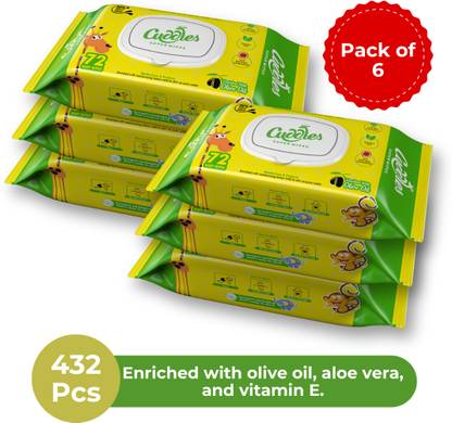 Cuddles SUPER WIPES with Lid - Enriched with Aloevera, Olive Oil and Vitamin E (Pack of 6)