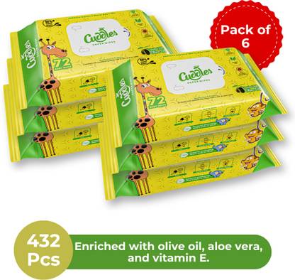 Cuddles SUPER WIPES Enriched with Aloevera, Olive Oil and Vitamin E (Pack of 6)