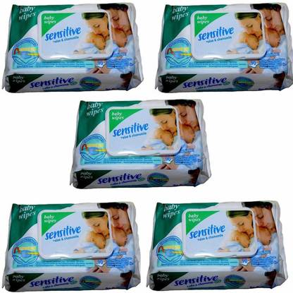 Chinmay Kids Sensitive Baby Cotton Wipes with Flip Top Soft Cleansing Anti Bacterial Travel Pack Parabeen Free + Aloe and Chamomile with 90 Wipes in 1Pack (Pack Of 5 Sensitive Wipes)