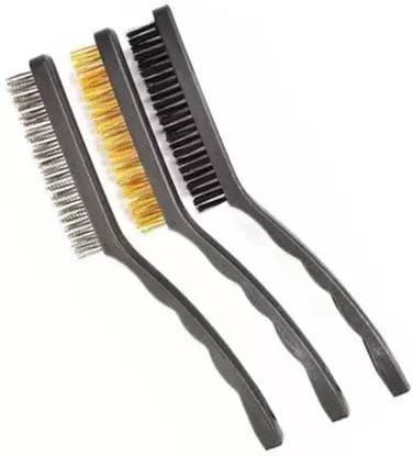 Kiesh TB01 3 Pc Wire Brush Set Brass Nylon Stainless Steel Bristles for Cleaning Etc Handle Scratch Brush