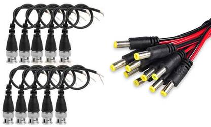 99Gems Combo Pack of 10 Pc BNC Connector with Copper Wire Moulded - 18CM and 10Pc DC Power Male Cables with 2.1mm Connectors Barrel Jack CCTV Camera 10BNC+10DC PIN Wire Connector