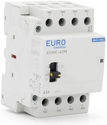 EURO Modular Power Contactor ECMC-63M 2NO+2NC 63 Amps 220v AC 4P Din Mount With Manual Override Wire Connector