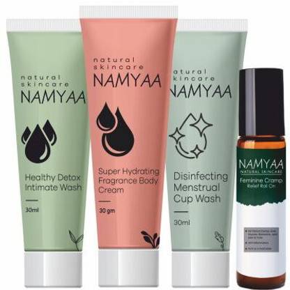 Namyaa Intimate Travel Hygiene Kit|ComboPack|IntimateWash,CupWash,Cream &Cramp RollOn Intimate Wash