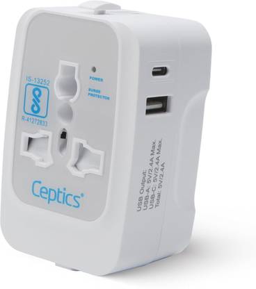 Ceptics 15W Universal Charger Adapter, USB & USB-C, For Laptop, Mobile & Chargers Worldwide Adaptor