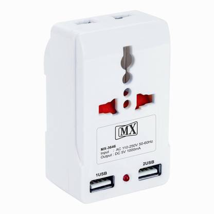 MX Dual Usb charger with Universal Socket to 3 Pin Indian Plug Converter 3646 Worldwide Adaptor