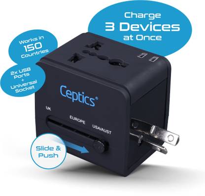 Ceptics Universal Travel Adapter 3 in 1 With 2 USB Ports, Works More Than 150 Countries Worldwide Adaptor