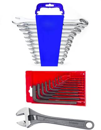 WhiteArcade Combo of 12 Pcs Combination Spanner (6-22MM) + Allen key Set (1.5-10MM) + 8 Inch Adjustable Wrench || Double Sided Open End Wrench