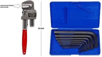 Exotic Arcade Combo of Pipe Wrench 10 Inch with 9 Pcs Allen Key Set( Elky - 1.5 - 10 MM) || Best Quality Heavy Duty Single Sided Pipe Wrench