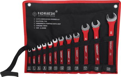 Padmakshi Combination Spanner Set-6mm To 22 mm ,12-Piece,Chrome Vanadium Steel 12-Piece,Chrome Vanadium Steel, with Rolling Pouch ,Red Color (With Bag) Double Sided Combination Wrench