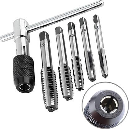 Digital Craft 6Pc Tungsten Steel Thread Tap Drill Bit & Wrench Set – M6 M7 M8 M10 M12 Tapping Tool Kit for Metalworking, Thread Repair & Cutting Single Sided T Type Wrench