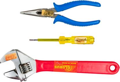 Globus 755 SET/3.Adjustable Wrench Soft Grip10"/250MM Nose Plier(7 inch)Tester 5"/125MM Single Sided Open End Wrench