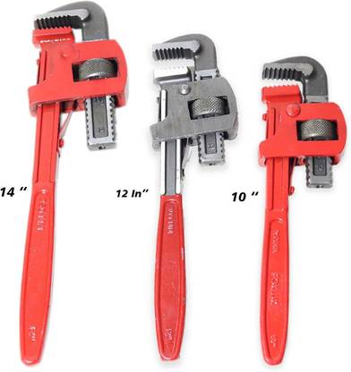 WallVilla Set Of 3 Pipe Wrenches (10in, 12in, 14in) Adjustable Head Long Life Quality Single Sided Pipe Wrench