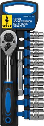 spear 12Pcs 1/2" Cr-V Quick Release Ratchet Wrench Set with Extension Bar & 10 Sockets for DIY, Automobile, Professional, Home Applications Double Sided Rachet Wrench