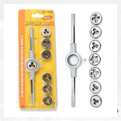 AS TOOL CENTER 8 PCS Alloy Steel Metric Taps and Dies Set Thread Tools Tap and Die Set Wrench Metric Circular HSS M3 - M12 Single Sided Speciality