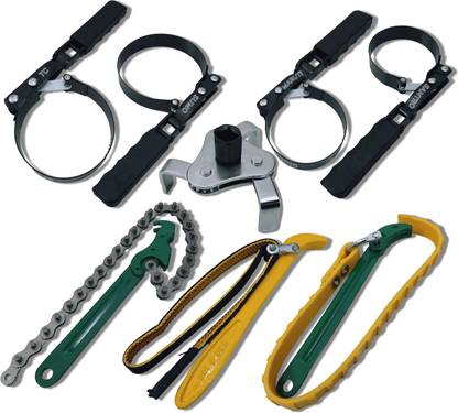4MECH 4-Ring Filter Wrench+PK-FB+9" Belt Wrench+9" Chain Wrench+3 Leg Filter Wrench Double Sided Combination Wrench