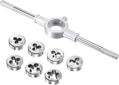 uptodateprouducts 8 Pcs Metric Die Set - Screw Die & Adjustable Wrench Holder with M3-M12 Dies Threading and Rethreading Cutting External Thread Processing Tapping Single Sided Speciality
