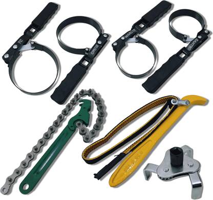 4MECH 4-Ring Filter Wrench+PK-FB+9" Chain Wrench+3 Leg Filter Wrench Double Sided Combination Wrench