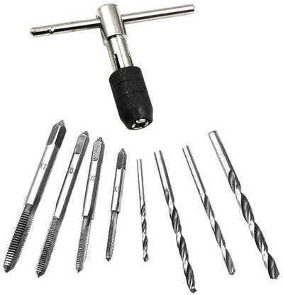 A&S TOOLSHOP 9Pcs Hand Tap Set Screw Thread Taps T-Wrench Reamer M3-M6 Twist Drill Single Sided Combination Wrench