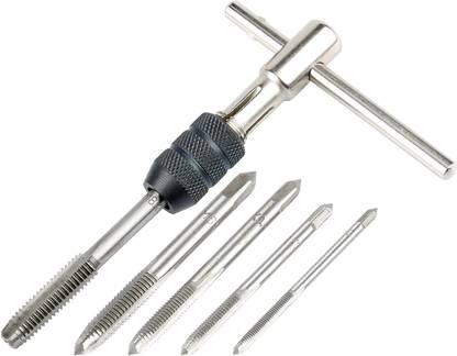 uptodateprouducts Ratchet T-Handle Tap Holder Wrench with 5Pcs Metric M3 M4 M5 M6 M8 Machine Screw Taps Set T Type Thread Tapping Tool Single Sided T Type Wrench
