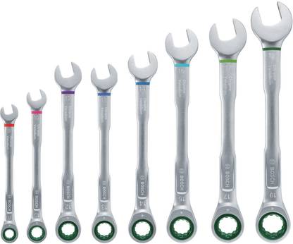 BOSCH Ratchet Combination Wrench 8-Piece Set - Chrome Vanadium Steel, 72 Teeth ,5-Degree Working Angle, Rust Resistant 8mm to 19mm Double Sided Combination Wrench