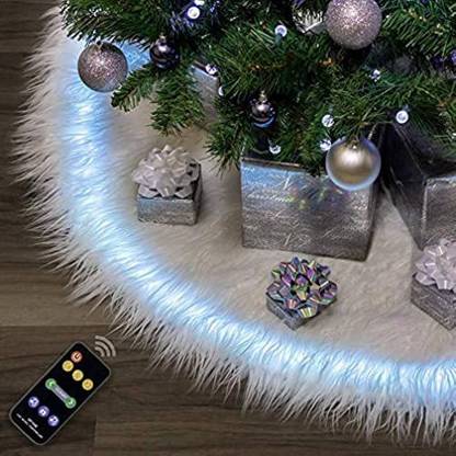 Halo Christmas Tree Skirt 60 Inch White Plush Faux Fur With Programmable Led Lights/Music Sync LED Garland Pack of 1