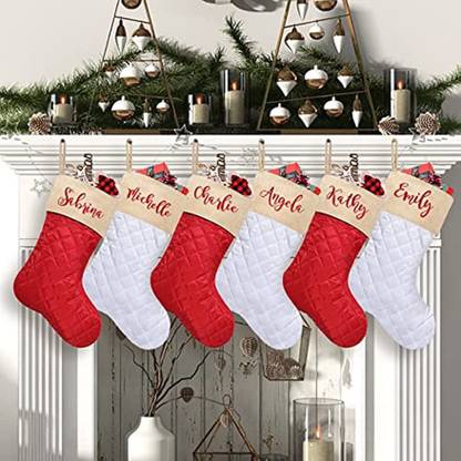 Elegantpark Personalized Christmas Stockings Set Of 6 Cotton Quilted Large Luxury Burlap Hanging Ornaments Pack of 1