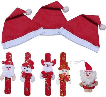 Sanjolie Merry Christmas Ascessories Combo (1Santa,3Caps,4Slap Wristbands) Hanging Ornaments Pack of 8