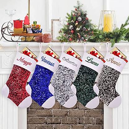 Caraknots Personalized Christmas Stockings 5 Pack Silver Blue Red Sequin Stockings Hanging Ornaments Pack of 1