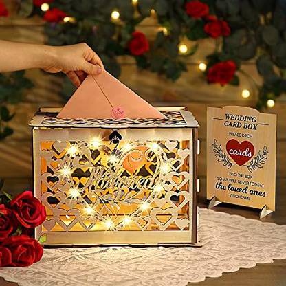 Hiboom Wedding Card Box Rustic Wooden Wedding Card Holder With 8 Modes String Light Hanging Ornaments Pack of 1