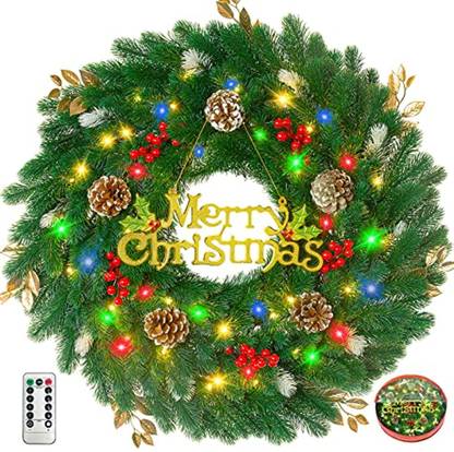 Neabavol Christmas Wreath With 60 Led Lights 24 Inch Pre Lit Artificial Christmas LED Garland Pack of 1