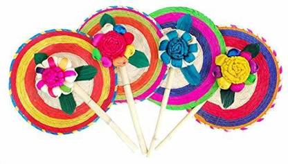 Jacq & Jürgen 13 Hand Fans By 4 Pack Handmade Wicker Floral Design 100% Palm Hand Fan & Reed Hanging Ornaments Pack of 1