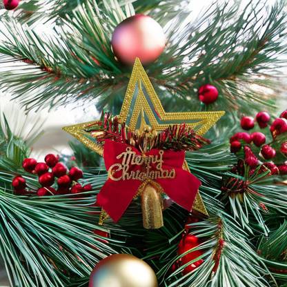 CraftVatika Tree Topper Star with Pine Xmas Tree Sticker & Flower Topper Ornaments Pack of 1
