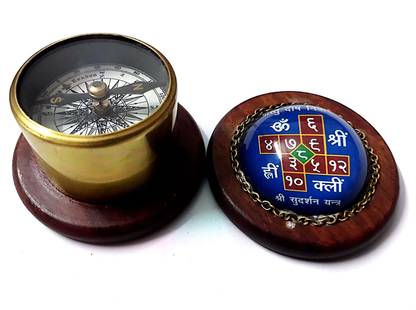 numeroastro Brass Vastu Compass with Shri Vastu dosh nivaran Sudarshan Yantra in Wood (6.5 Cms) Wooden, Brass Yantra