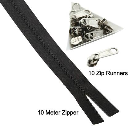 Ghar Sajaawat 10 Meter Black Nylon Zipper Size 1 Inch / 25 MM with 10 Zip Pulls Runners Black Nylon Open-ended Zipper