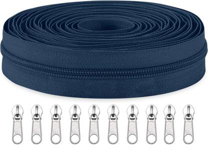 ZipPro Zipper Roll (Number : 5) 5 Meter Navy Blue with 10 Zip Puller Blue Nylon Two Way Open-ended Zipper