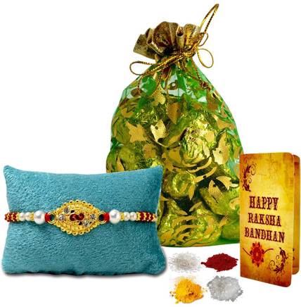 Midiron Designer Rakhi with 15 Piece Gold Chocolate Gift Pack for Brother IZ19Choco15ThailiRakhi40-01 Combo