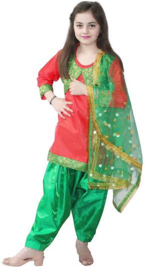 KAKU FANCY DRESSES Indian State Punjabi Folk Dance Costume for Kids/ Salwar Suit with Dupatta For Girl Costume - Red & Green, 14-18 Years Kids Costume Wear