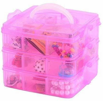 Euxial 3 Layer-18 Grids Transparent Plastic Organizer Jewelry Craft Accessories Storage Box/Basket/Container with Collapsible and Removable Dividers Makeup Vanity Box Makeup, Jewelry Vanity Box (Pink) Vanity Box, Makeup Box, jewelry organizer Vanity Box