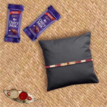 Cadbury Premium Rudraksh Rakhi With Beautiful Thread & 2 Pieces Dairy Milk Chocolates Set | Rakhi Chocolate Gift for Brother|Roli, Chawal, Chandan, Misri Combo