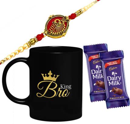 King Bro Black mug with Red kundan Rakhi,1 Rakhi, 1 Tilak Pack With Rakshabandhan Greet Card Rakhi for Brother Bhai Bro Bhaiya with 2 Dairy Milk Chocolate कॉम्बो