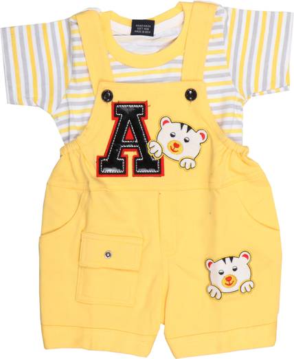 ROBLWINGS Dungaree For Baby Boys Striped, Applique Cotton Blend