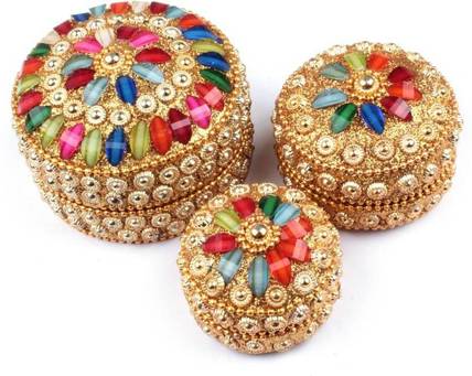 Dev Handicraft Gifting Sindoor Moti Dibbi, Decorative Showpiece - 7cm , 6 cm, 5 Cm (Set of 3 sizes) Occassion, Party Vanity Box