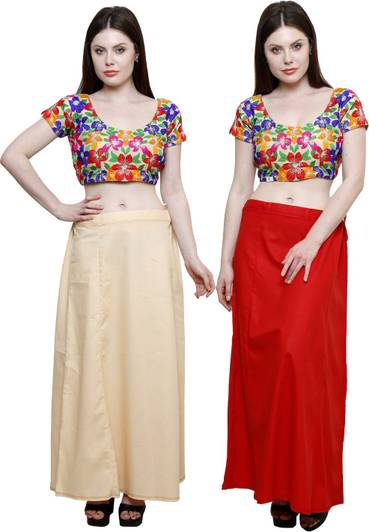 Pistaa Light Beige and Red Cotton Blend Petticoat