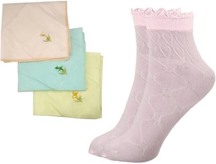 Adhvik Combo Of 1 Pair Pink Color Women Socks With Chicken Buty Light Color Hankie ["Multicolor"] Handkerchief