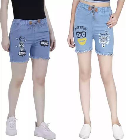 GLAMHOOD Short For Girls Casual Printed Denim