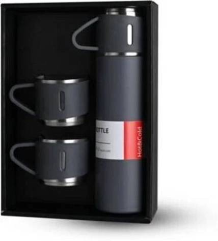 Shifozaa Grey Vacuum Flask Gift Set Bottle with 3 Cups H67 500 ml Steel Flask