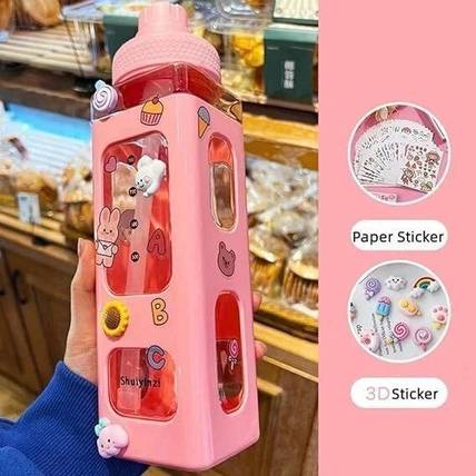 BEYKURY B-Kawaii Water Bottle with Straw and Sticker, Large Sport Portable Square Bottle 700 ml Plastic Bottle