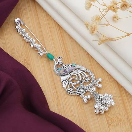 SUGHOSH Saree Pin Brooch | Silver Black Oxidised Saree Pin Brooch Brooch