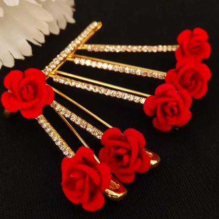VAMA Red Rose Stone Safety saree step Pins Pleats pallu Lehanga saree pin for women Brooch